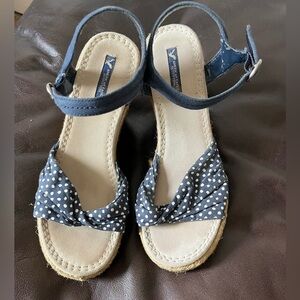 Polka- dot Navy Espadrille Wedge Sandals 7